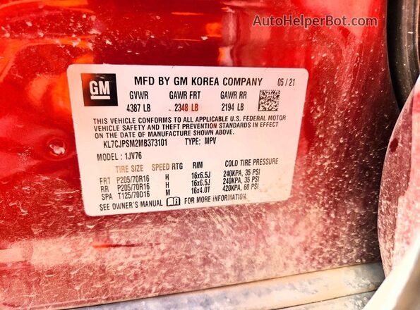 KL7CJPSM2MB373101 2021 CHEVROLET TRAX Burgundy ძრავის განყოფილების ხედი