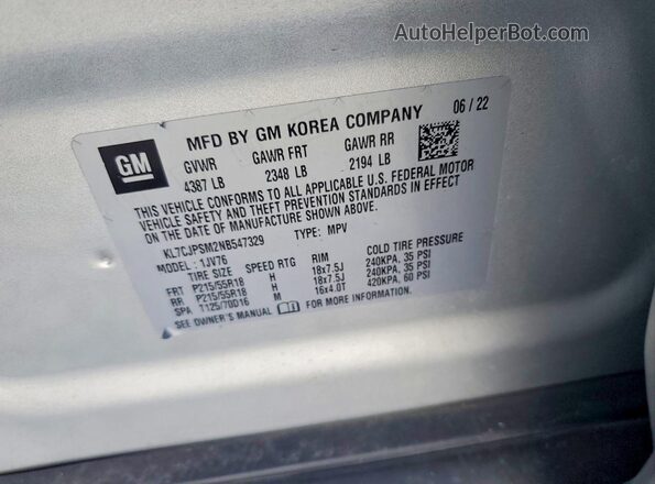 KL7CJPSM2NB547329 2022 CHEVROLET TRAX Gray VIN sticker view