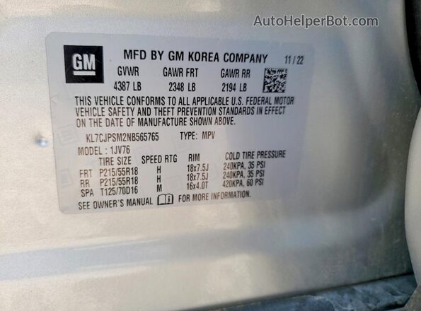 KL7CJPSM2NB565765 2022 CHEVROLET TRAX Silver VIN sticker view