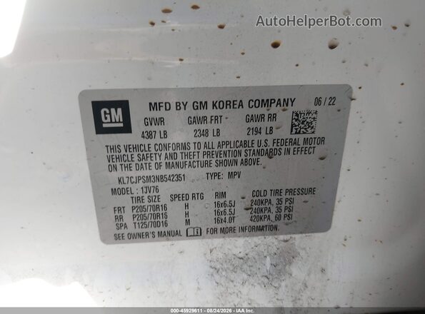 KL7CJPSM3NB542351 2022 CHEVROLET TRAX White Vista del compartimento del motor
