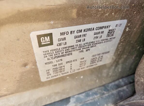 KL7CJPSM4MB374816 2021 CHEVROLET TRAX Tan VIN կոդի պիտակի տեսք