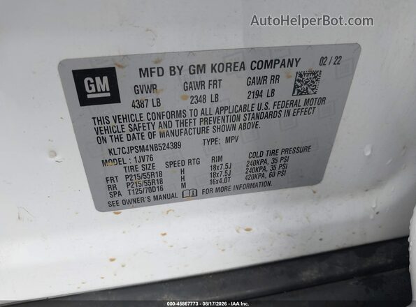KL7CJPSM4NB524389 2022 CHEVROLET TRAX White ძრავის განყოფილების ხედი