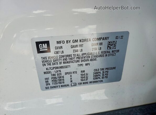 KL7CJPSM4NB533271 2022 CHEVROLET TRAX White Vista de la etiqueta del VIN