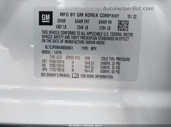 KL7CJPSM4NB560941 2022 CHEVROLET TRAX Silver Vista del compartimento del motor