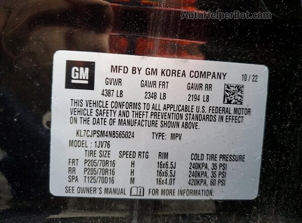 KL7CJPSM4NB565024 2022 CHEVROLET TRAX Черный Вид наклейки с VIN-кодом