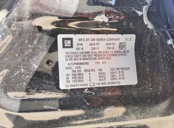 KL7CJPSM5NB564903 2022 CHEVROLET TRAX Black VIN კოდის სტიკერის ხედი