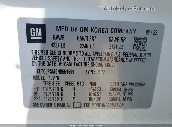 KL7CJPSM6NB551609 2022 CHEVROLET TRAX Белый Вид подкапотного пространства