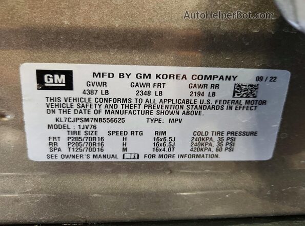 KL7CJPSM7NB556625 2022 CHEVROLET TRAX Tan VIN კოდის სტიკერის ხედი