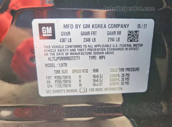 KL7CJPSM9MB372771 2021 CHEVROLET TRAX Black Vista de la etiqueta del VIN