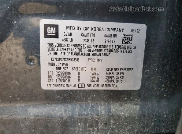 KL7CJPSMXNB533985 2022 CHEVROLET TRAX Blue Vista de la etiqueta del VIN