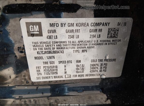 KL7CJRSB6JB694743 2018 CHEVROLET TRAX Black ძრავის განყოფილების ხედი