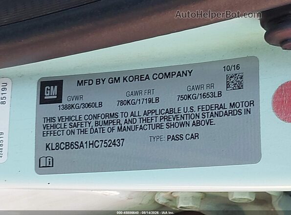 KL8CB6SA1HC752437 2017 CHEVROLET SPARK Teal Widok komory silnika