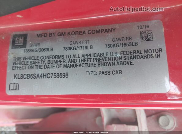 KL8CB6SA4HC758698 2017 CHEVROLET SPARK Red Շարժիչի բաժամունքի տեսք