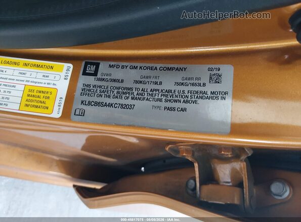 KL8CB6SA4KC782037 2019 CHEVROLET SPARK Orange Vista del compartimento del motor