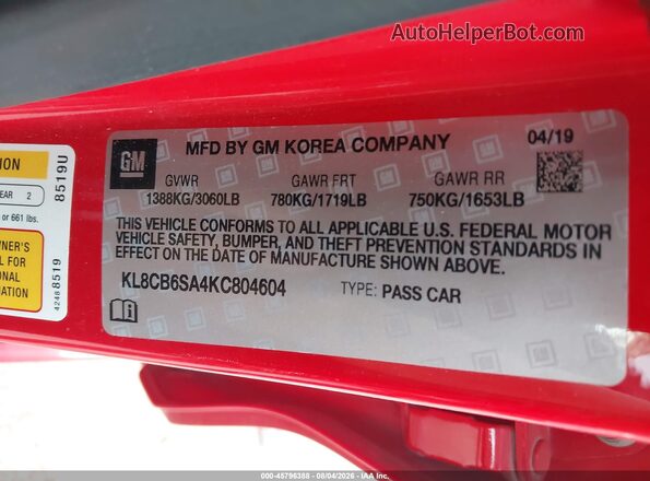 KL8CB6SA4KC804604 2019 CHEVROLET SPARK Red Вид підкапотного простору