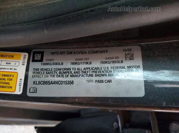 KL8CB6SA4NC015356 2022 CHEVROLET SPARK Gray VIN կոդի պիտակի տեսք