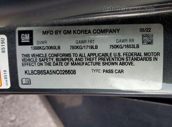 KL8CB6SA5NC026608 2022 CHEVROLET SPARK Gray Vista de la etiqueta del VIN