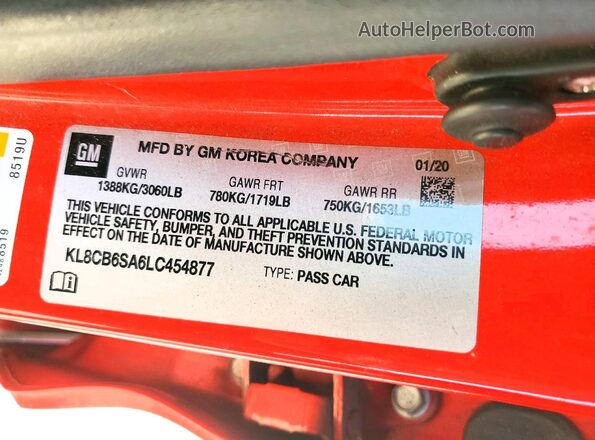 KL8CB6SA6LC454877 2020 CHEVROLET SPARK Красный Вид наклейки с VIN-кодом