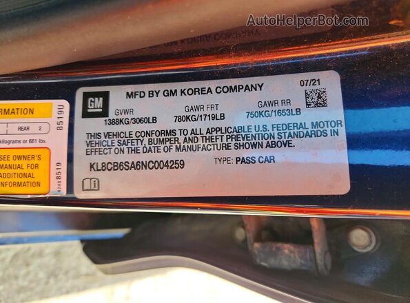 KL8CB6SA6NC004259 2022 CHEVROLET SPARK Blue Вид підкапотного простору