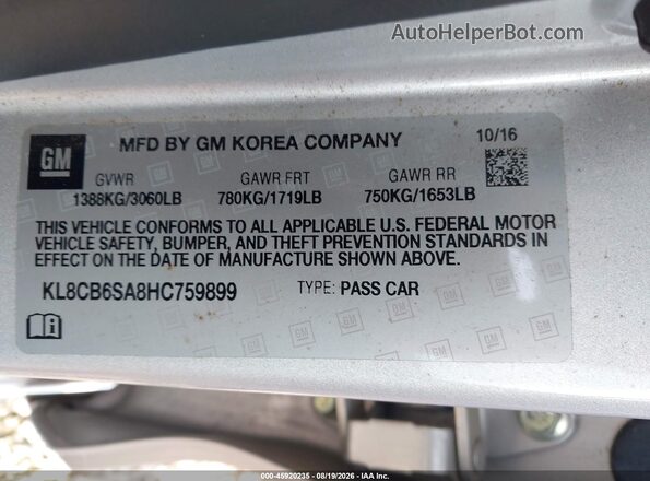 KL8CB6SA8HC759899 2017 CHEVROLET SPARK Серебряный Вид подкапотного пространства