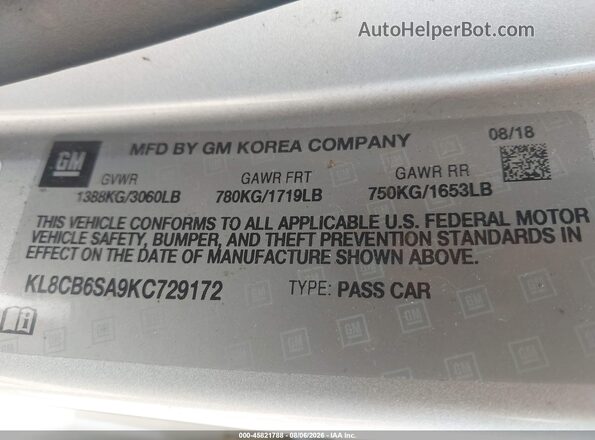 KL8CB6SA9KC729172 2019 CHEVROLET SPARK Silver Շարժիչի բաժամունքի տեսք