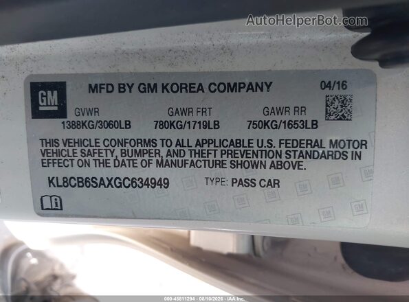 KL8CB6SAXGC634949 2016 CHEVROLET SPARK White Widok komory silnika