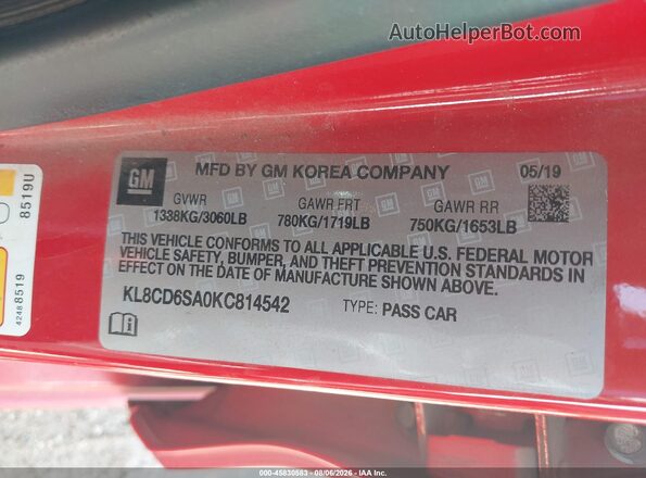 KL8CD6SA0KC814542 2019 CHEVROLET SPARK Red Շարժիչի բաժամունքի տեսք
