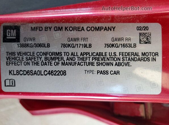 KL8CD6SA0LC462208 2020 CHEVROLET SPARK Red Вид підкапотного простору