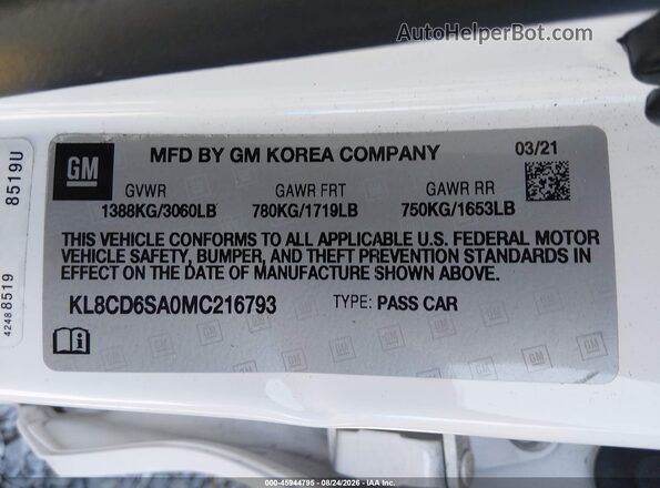 KL8CD6SA0MC216793 2021 CHEVROLET SPARK Белый Вид подкапотного пространства