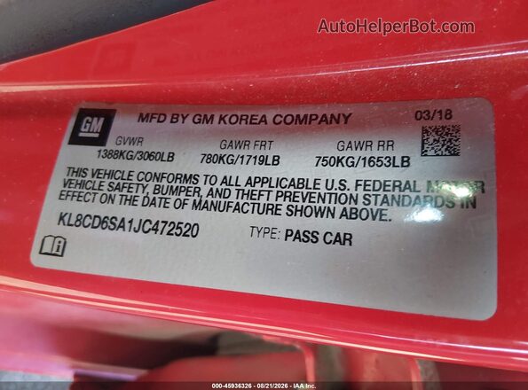 KL8CD6SA1JC472520 2018 CHEVROLET SPARK Red ძრავის განყოფილების ხედი