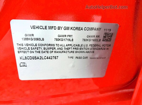 KL8CD6SA2LC442767 2020 CHEVROLET SPARK Red VIN sticker view