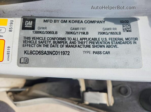 KL8CD6SA3NC011972 2022 CHEVROLET SPARK White Вид підкапотного простору