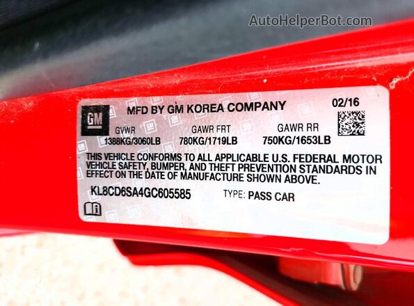 KL8CD6SA4GC605585 2016 CHEVROLET SPARK Red VIN sticker view