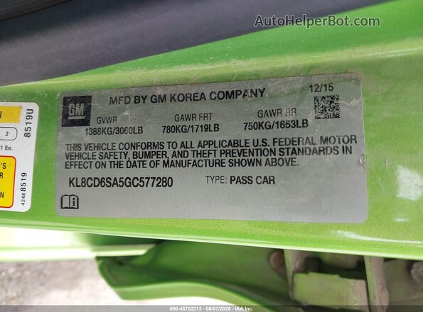 KL8CD6SA5GC577280 2016 CHEVROLET SPARK Green Вид підкапотного простору