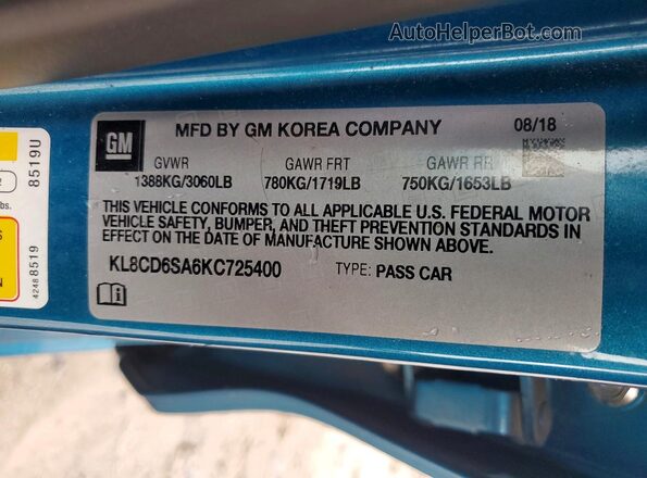 KL8CD6SA6KC725400 2019 CHEVROLET SPARK Blue Widok komory silnika