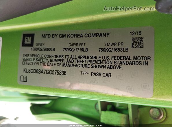 KL8CD6SA7GC575336 2016 CHEVROLET SPARK Green ძრავის განყოფილების ხედი