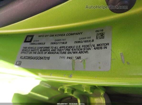 KL8CD6SAXGC647016 2016 CHEVROLET SPARK Green ძრავის განყოფილების ხედი
