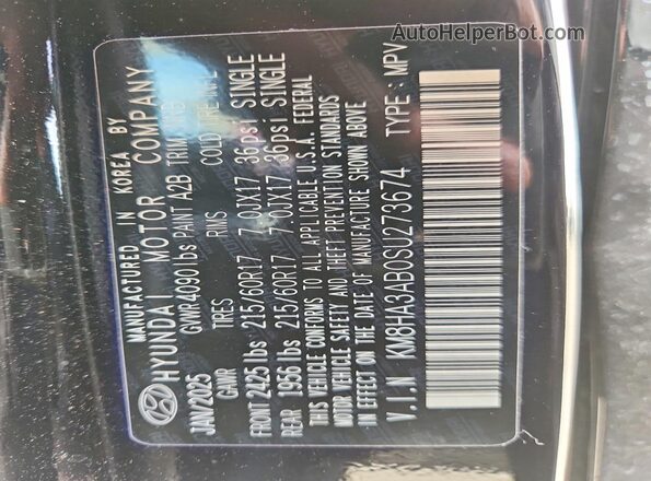 KM8HA3AB0SU273674 2025 HYUNDAI KONA Black VIN კოდის სტიკერის ხედი