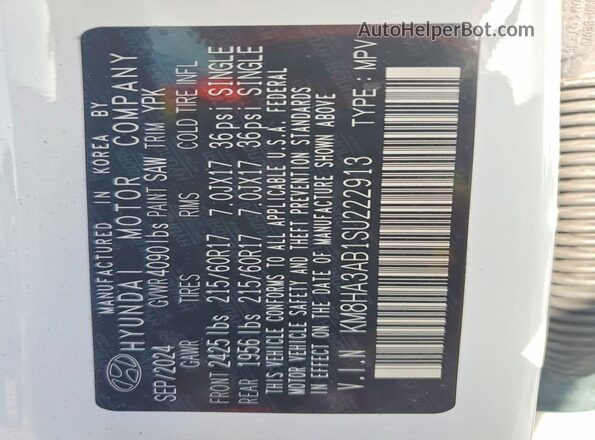 KM8HA3AB1SU222913 2025 HYUNDAI KONA White VIN կոդի պիտակի տեսք