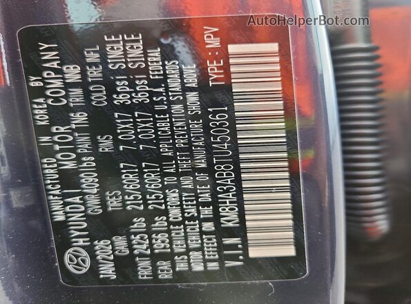 KM8HA3AB8TU450361 2026 HYUNDAI KONA Blue Vista de la etiqueta del VIN