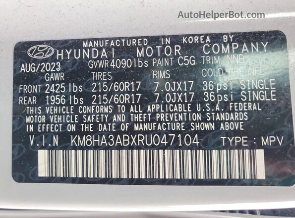 KM8HA3ABXRU047104 2024 HYUNDAI KONA White Vista de la etiqueta del VIN