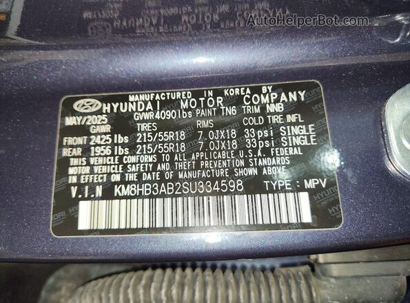 KM8HB3AB2SU334598 2025 HYUNDAI KONA Blue 
