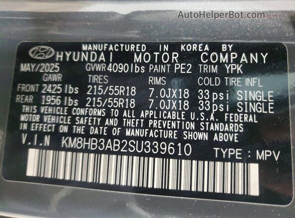KM8HB3AB2SU339610 2025 HYUNDAI KONA Charcoal Vista de la etiqueta del VIN