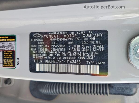 KM8HB3AB4RU143436 2024 HYUNDAI KONA Gray Панорамний вид салону 360°
