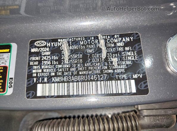 KM8HB3AB6RU146127 2024 HYUNDAI KONA Gray Widok naklejki z numerem VIN