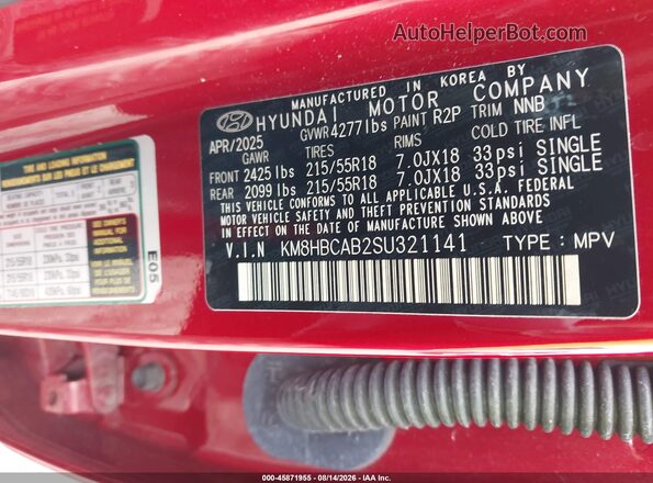 KM8HBCAB2SU321141 2025 HYUNDAI KONA Red Շարժիչի բաժամունքի տեսք