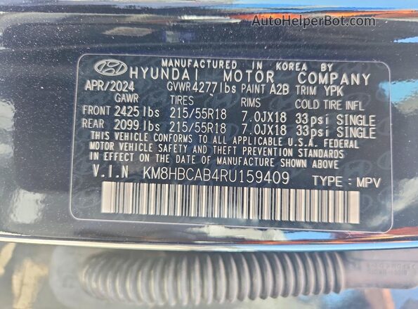 KM8HBCAB4RU159409 2024 HYUNDAI KONA Black Вид наклейки з VIN-кодом