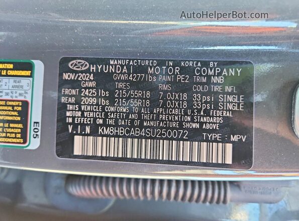 KM8HBCAB4SU250072 2025 HYUNDAI KONA Gray VIN კოდის სტიკერის ხედი