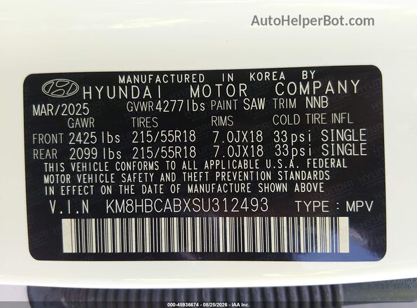 KM8HBCABXSU312493 2025 HYUNDAI KONA White Widok komory silnika