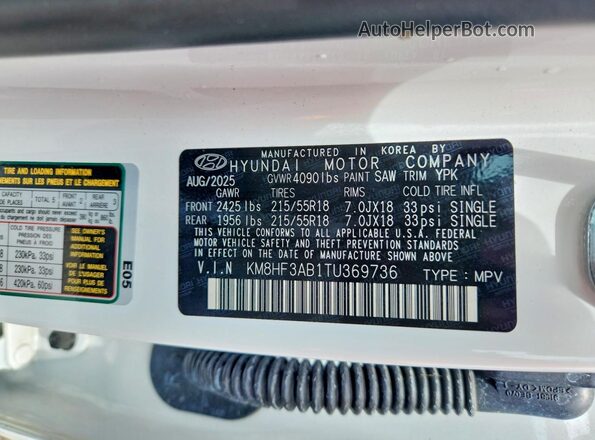 KM8HF3AB1TU369736 2026 HYUNDAI KONA White Вид наклейки з VIN-кодом